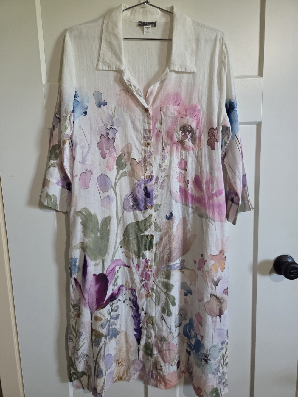 Women's Linen Watercolor Floral Button-Front Long Sleeve Dress